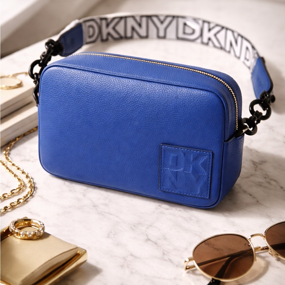 DKNY Kenza Blue Leather Camera Bag Logo Strap Crossbody